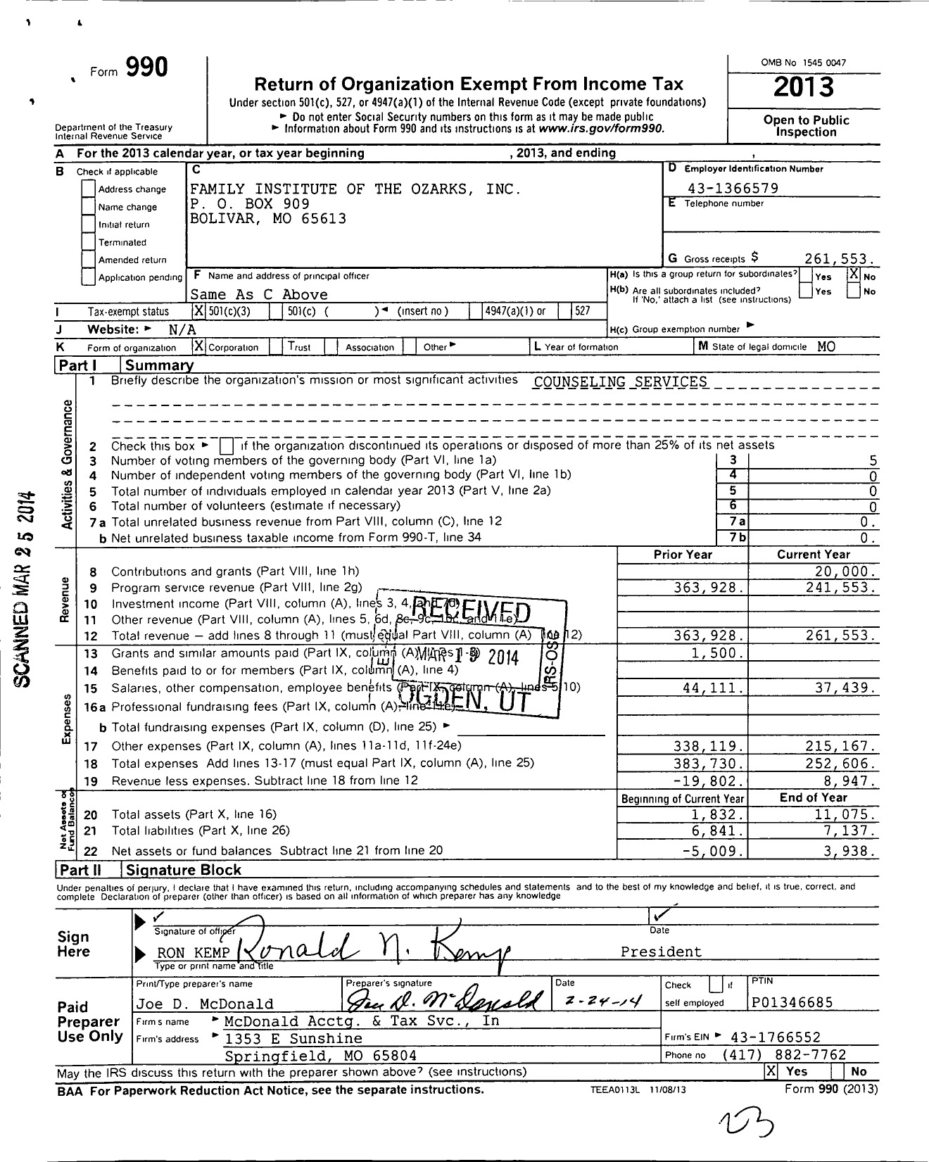 Image of first page of 2013 Form 990 for Family Institute of the Ozarks