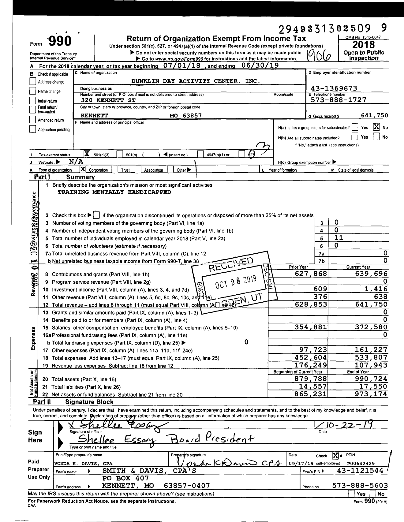 Image of first page of 2018 Form 990 for Dunklin Day Activity Center