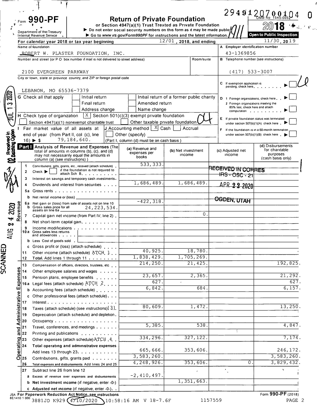 Image of first page of 2018 Form 990PR for Robert W Plaster Foundation