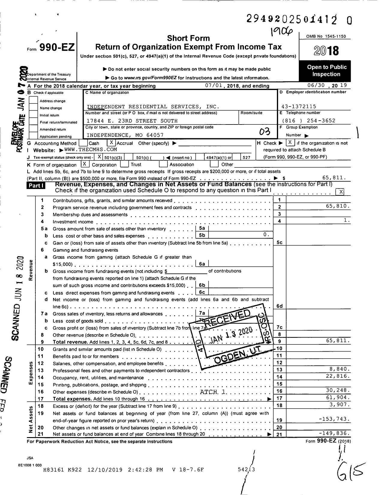 Image of first page of 2018 Form 990EZ for Independent Residential Services