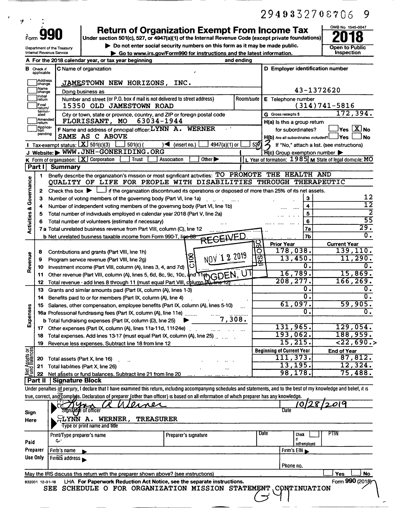 Image of first page of 2018 Form 990 for Jamestown New Horizons