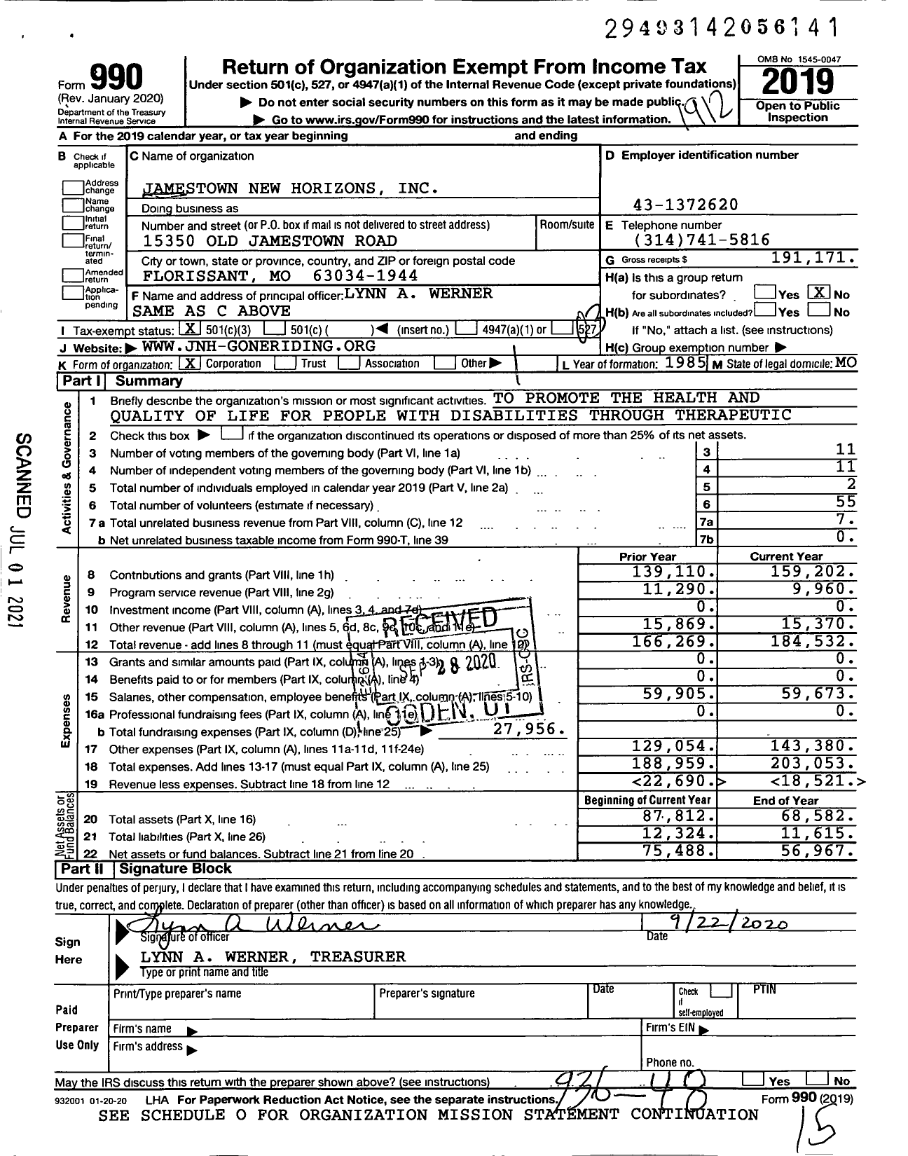 Image of first page of 2019 Form 990 for Jamestown New Horizons