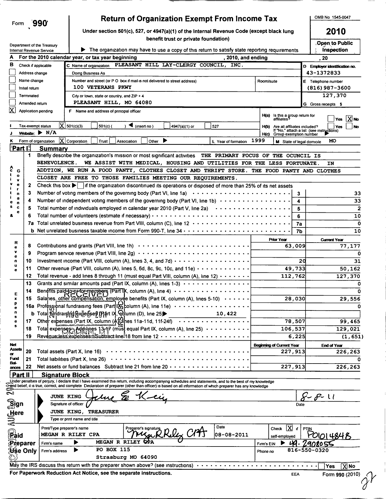 Image of first page of 2010 Form 990 for Pleasant Hill Lay- Clergy Council