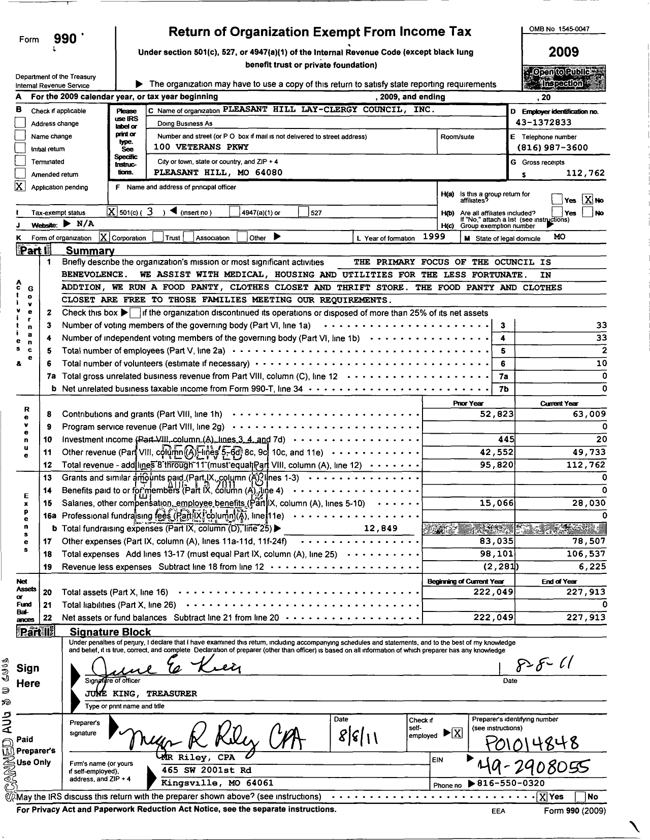 Image of first page of 2009 Form 990 for Pleasant Hill Lay- Clergy Council