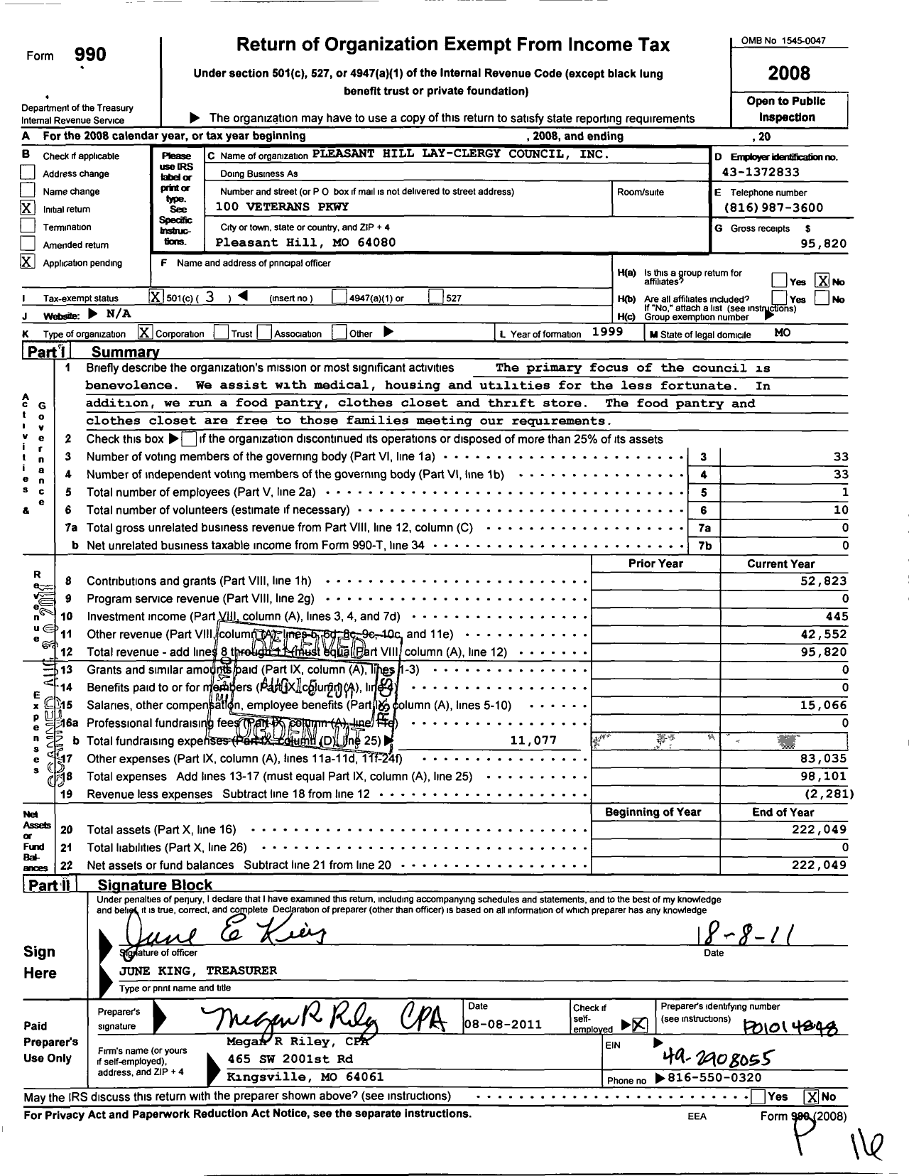 Image of first page of 2008 Form 990 for Pleasant Hill Lay- Clergy Council