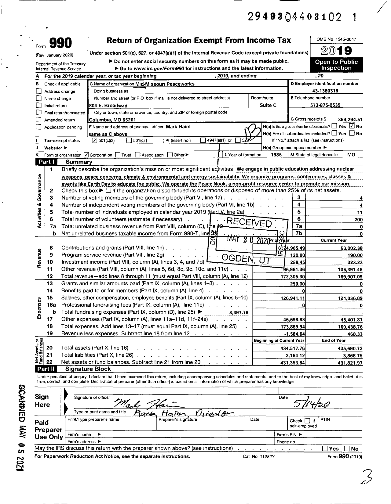 Image of first page of 2019 Form 990 for Mid-Missouri Peaceworks