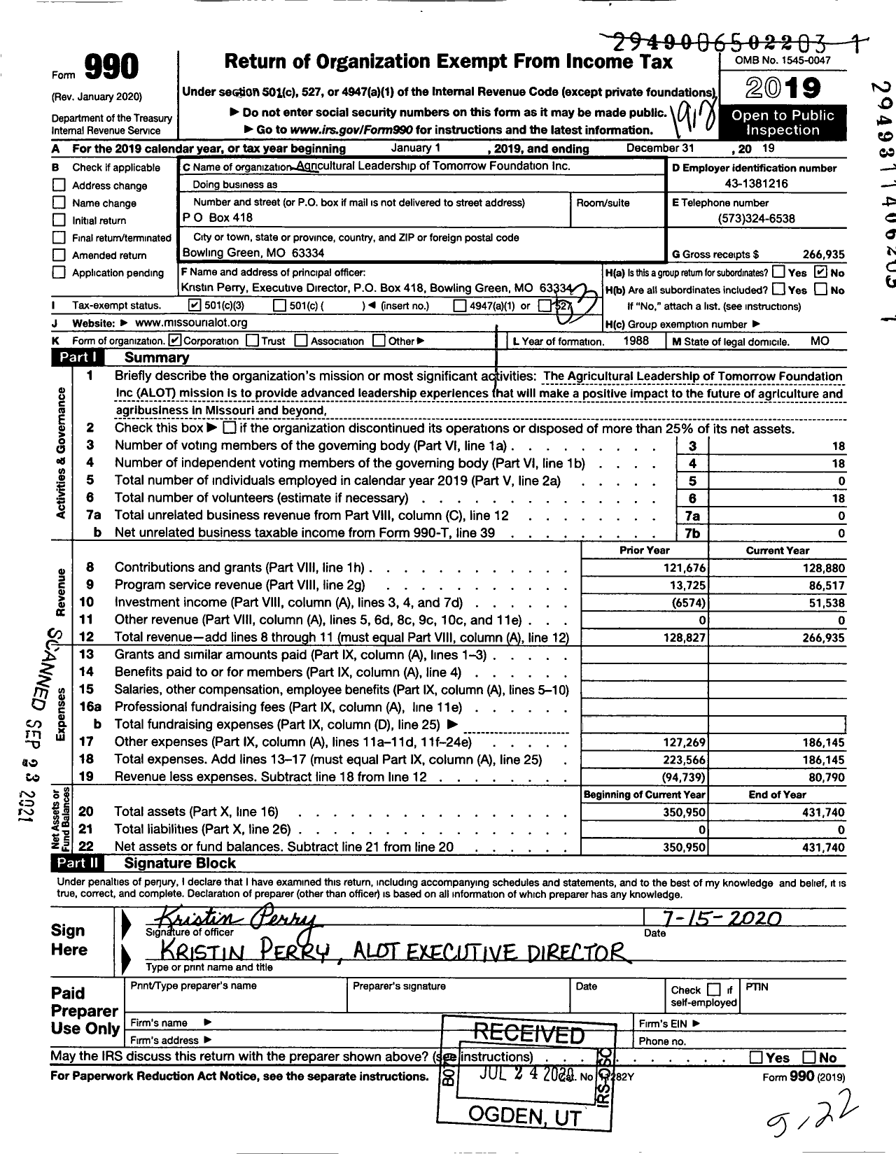 Image of first page of 2019 Form 990 for Agricultural Leadership of Tomorrow Foundation