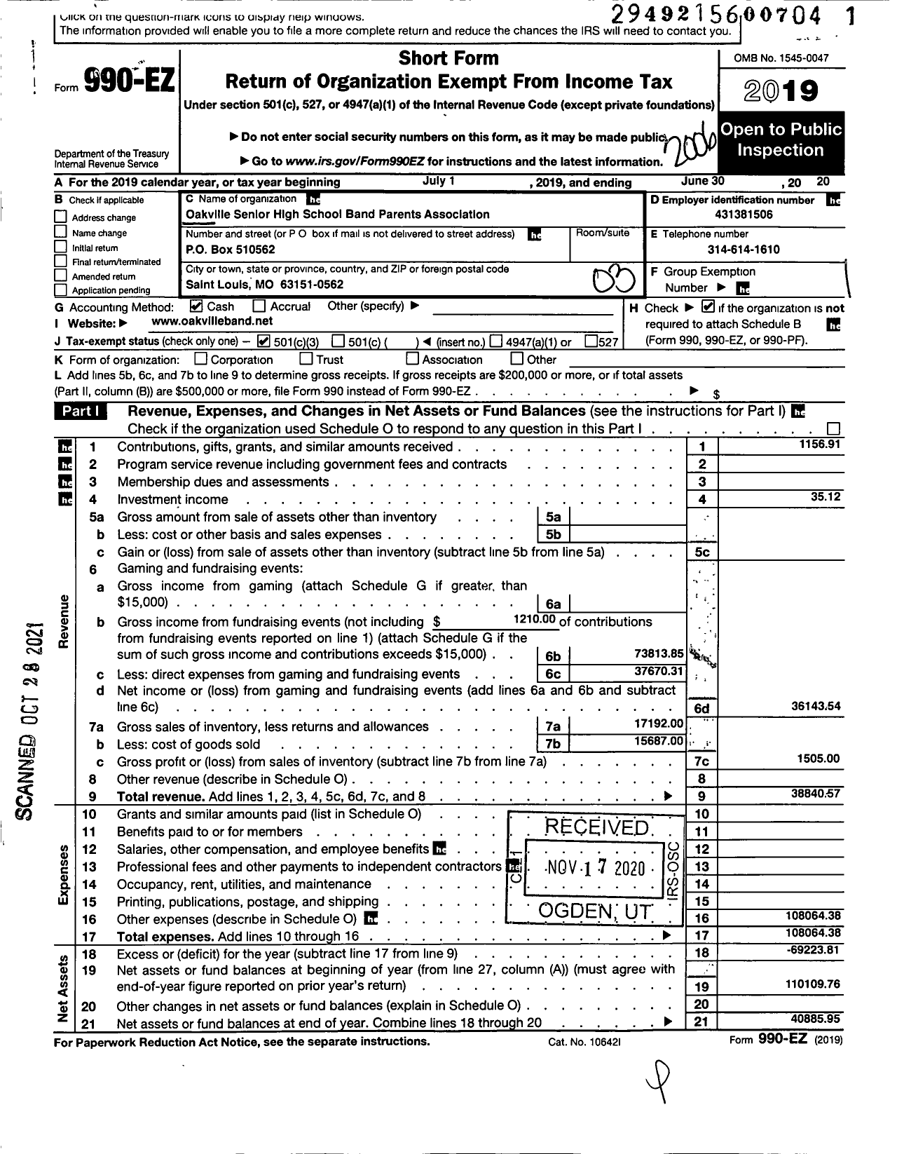 Image of first page of 2019 Form 990EZ for Oakville Senior High School Band Parents Association