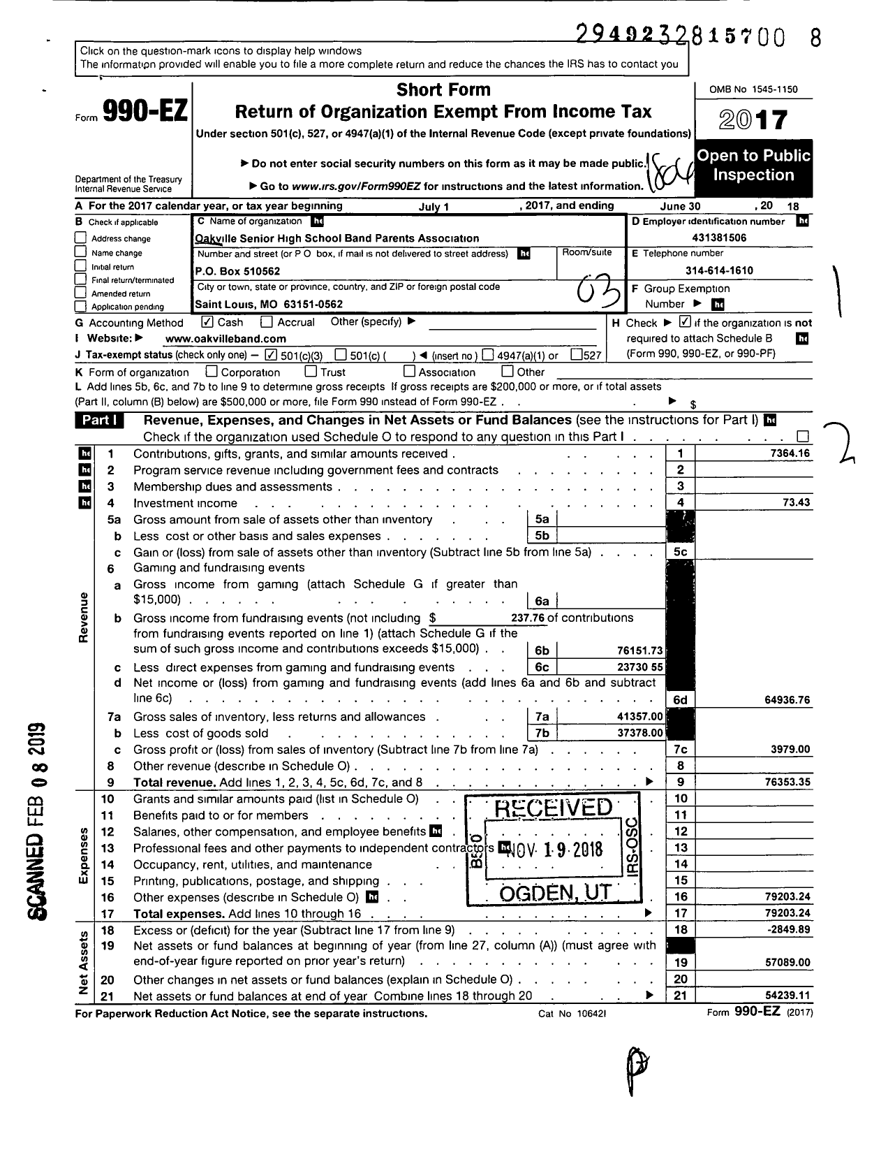 Image of first page of 2017 Form 990EZ for Oakville Senior High School Band Parents Association