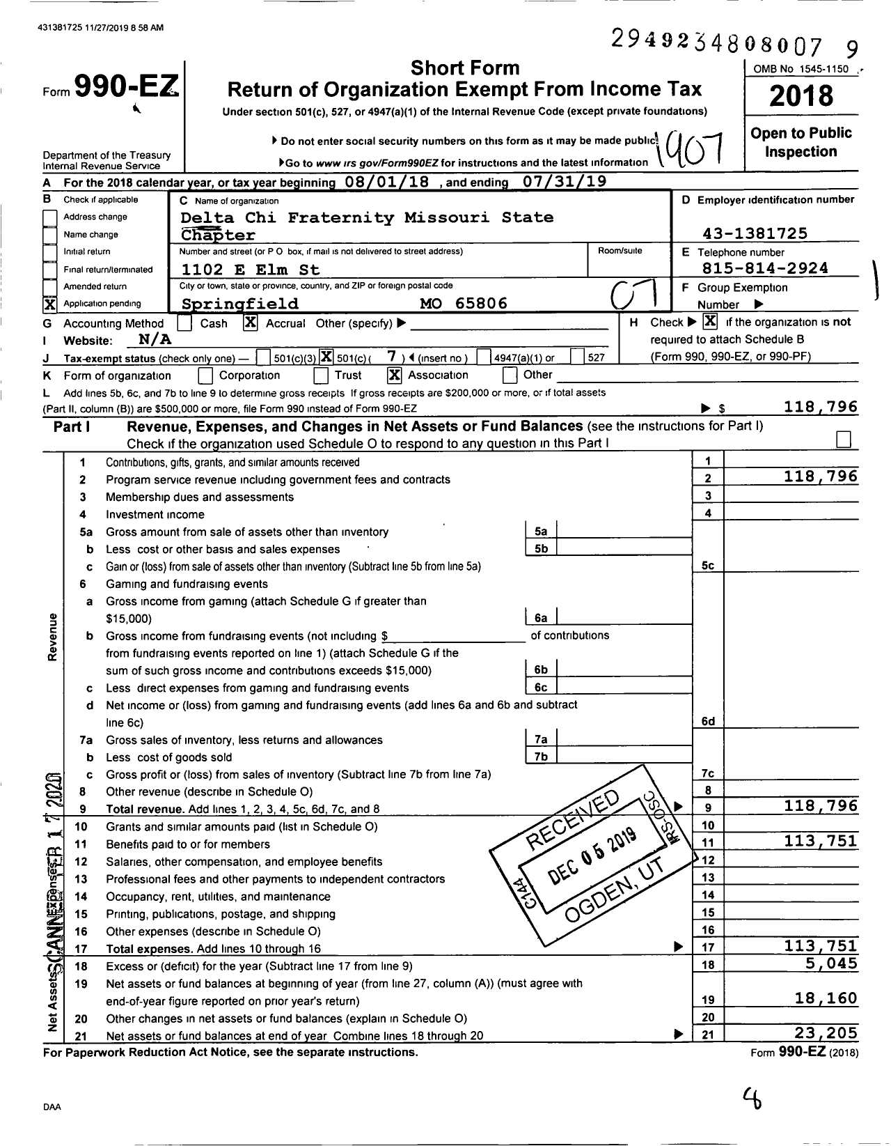 Image of first page of 2018 Form 990EO for Delta Chi Fraternity Missouri State