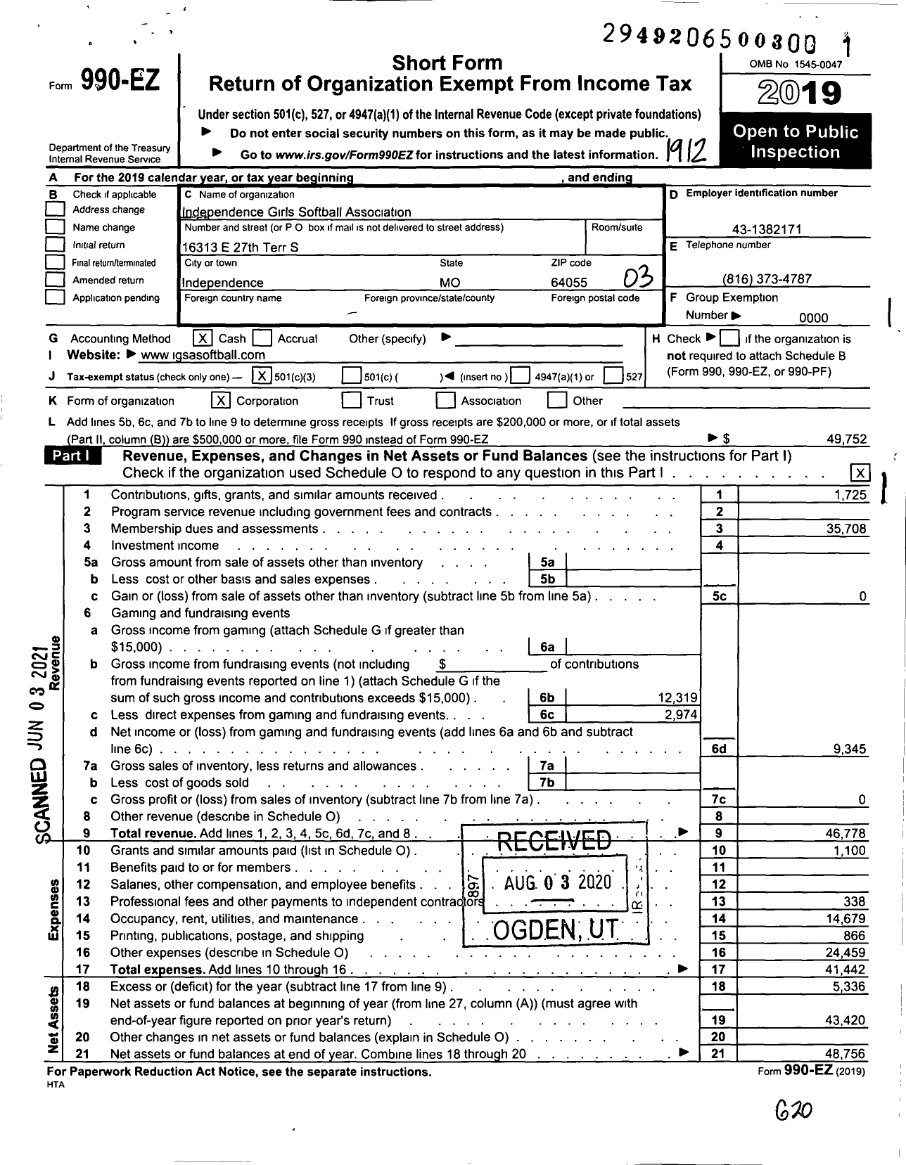 Image of first page of 2019 Form 990EZ for Independence Girls Softball Association