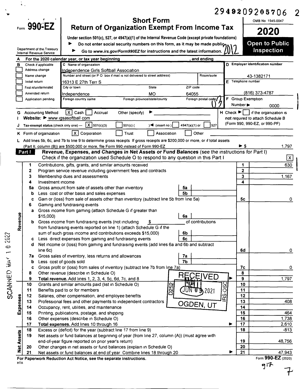 Image of first page of 2020 Form 990EZ for Independence Girls Softball Association