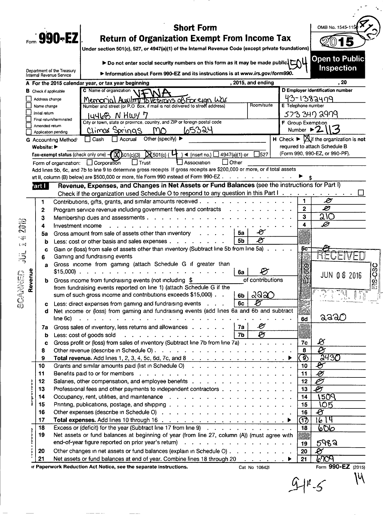 Image of first page of 2014 Form 990EO for VFW Auxiliary Department of Missouri - 3600 VFW Auxiliary Climax Springs Mem Pos