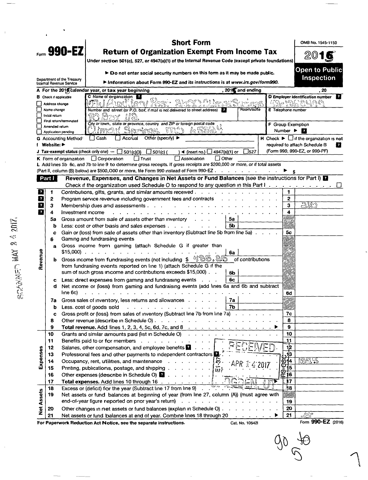 Image of first page of 2015 Form 990EO for VFW Auxiliary Department of Missouri - 3600 VFW Auxiliary Climax Springs Mem Pos