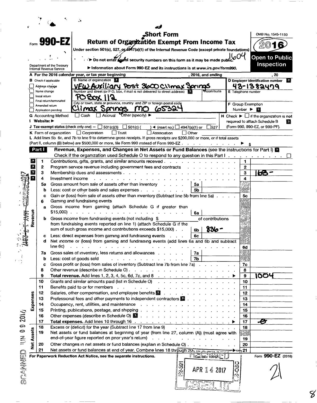 Image of first page of 2015 Form 990EO for VFW Auxiliary Department of Missouri - 3600 VFW Auxiliary Climax Springs Mem Pos