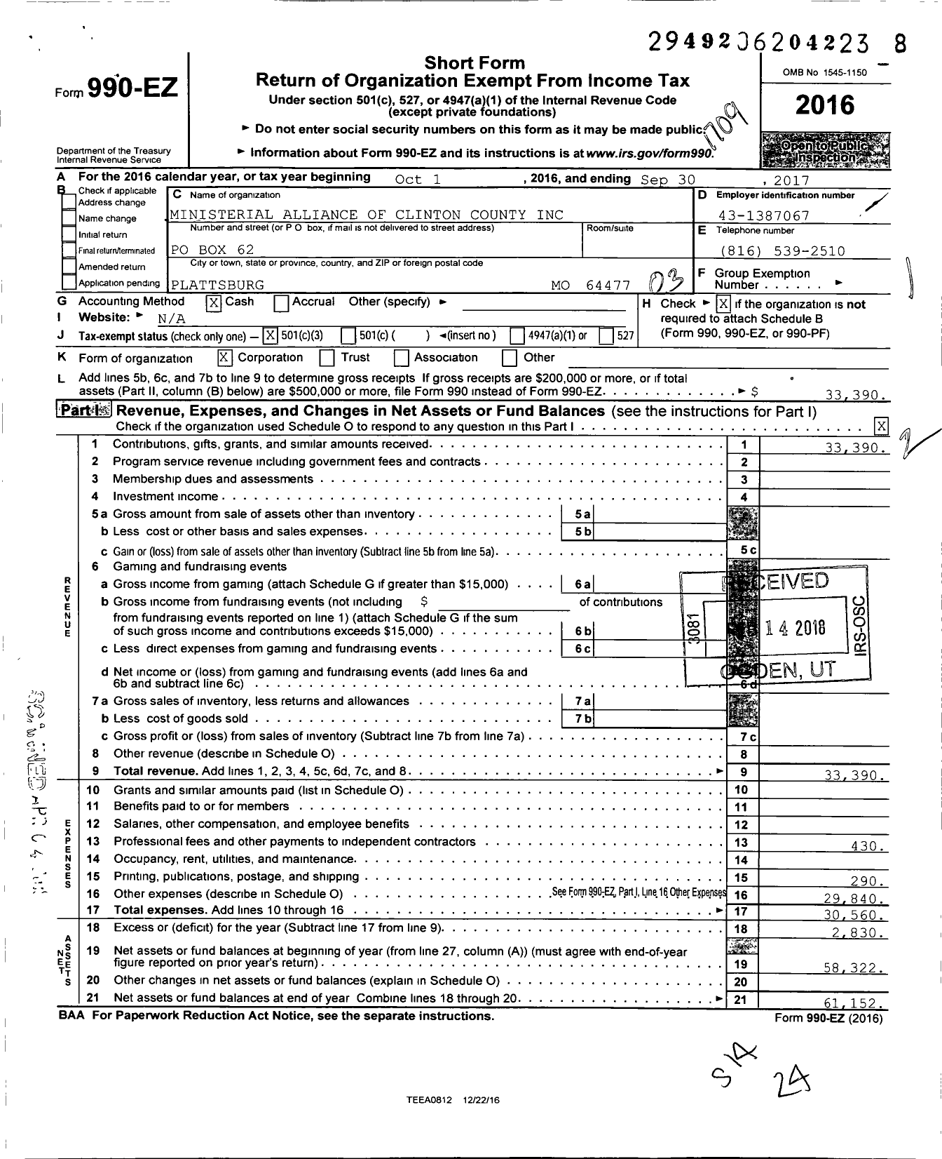 Image of first page of 2016 Form 990EZ for Ministerial Alliance of Clinton County