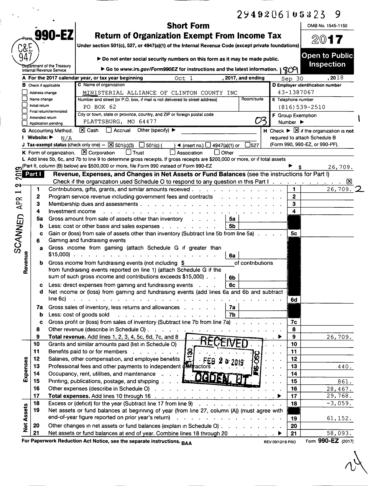 Image of first page of 2017 Form 990EZ for Ministerial Alliance of Clinton County