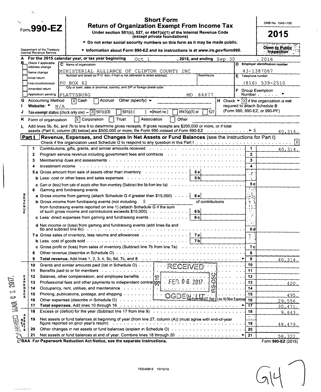 Image of first page of 2015 Form 990EZ for Ministerial Alliance of Clinton County