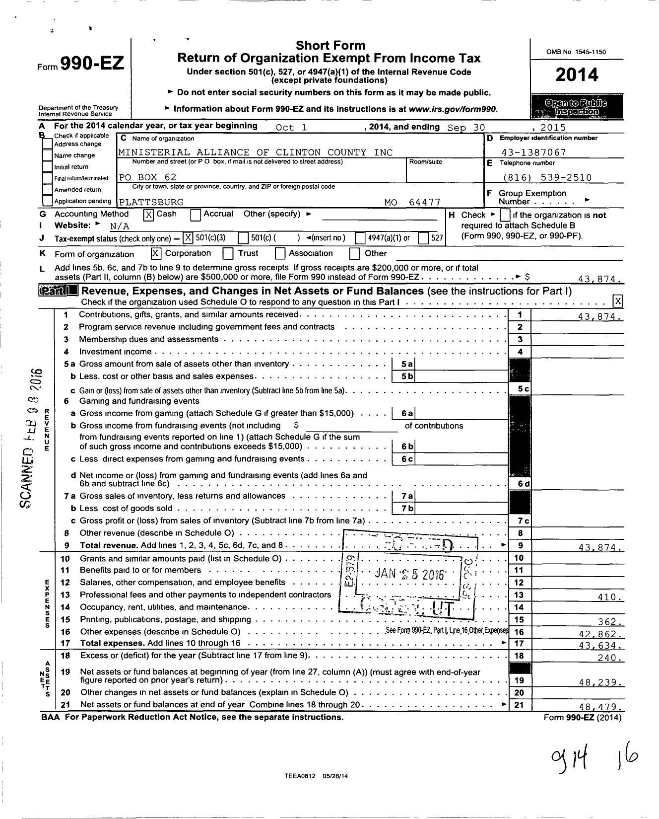 Image of first page of 2014 Form 990EZ for Ministerial Alliance of Clinton County