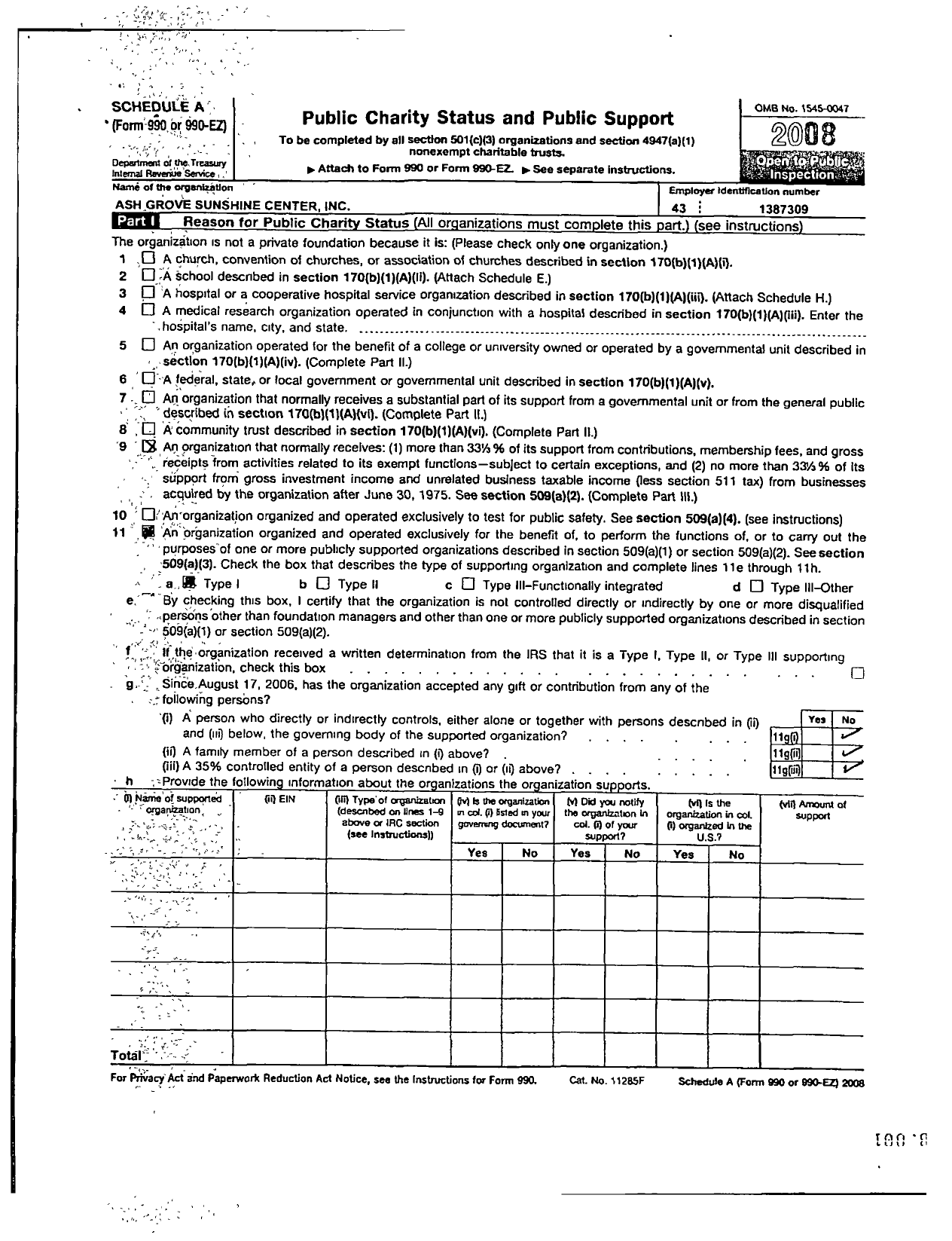 Image of first page of 2008 Form 990ER for Ash Grove Sunshine Center