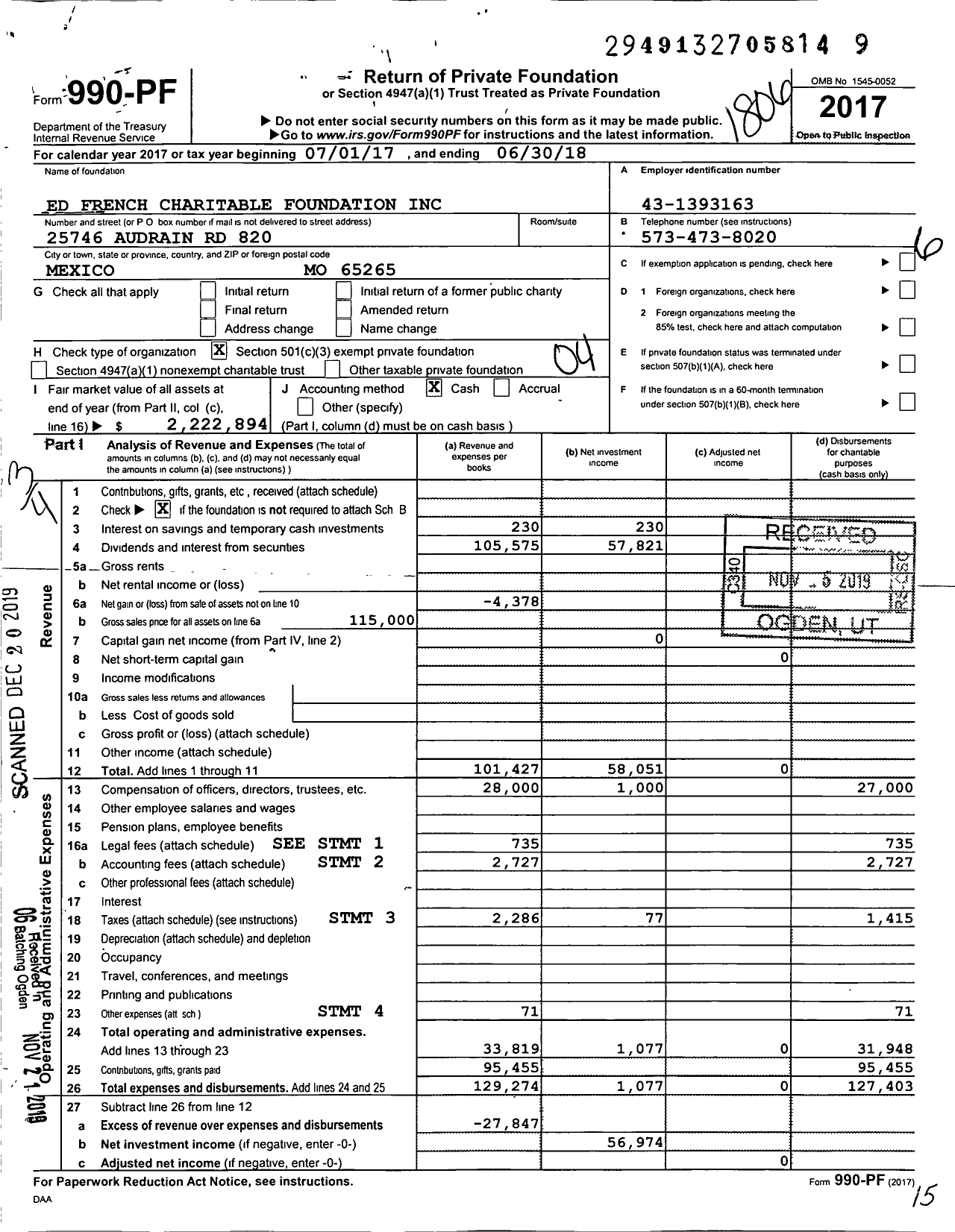 Image of first page of 2017 Form 990PF for Ed French Charitable Foundation