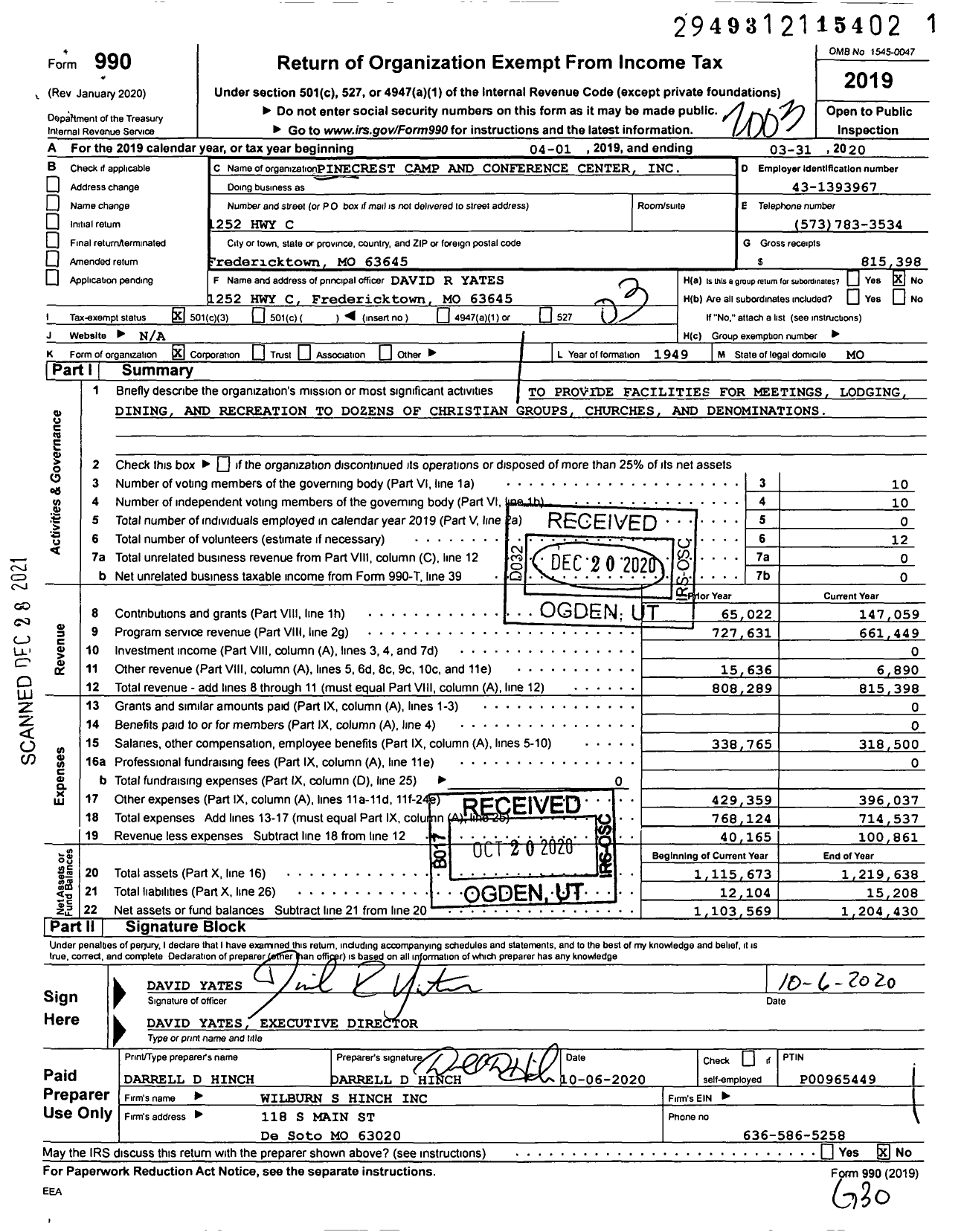 Image of first page of 2019 Form 990 for Pinecrest Camp