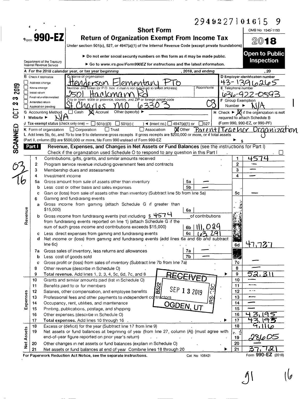 Image of first page of 2018 Form 990EZ for Henderson Elementary Parent-Teacher Organization