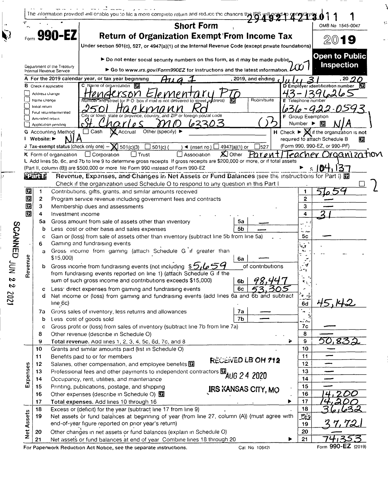 Image of first page of 2019 Form 990EZ for Henderson Elementary Parent-Teacher Organization