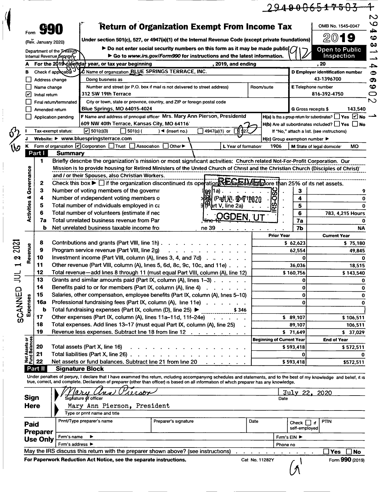 Image of first page of 2019 Form 990 for Blue Springs Terrace