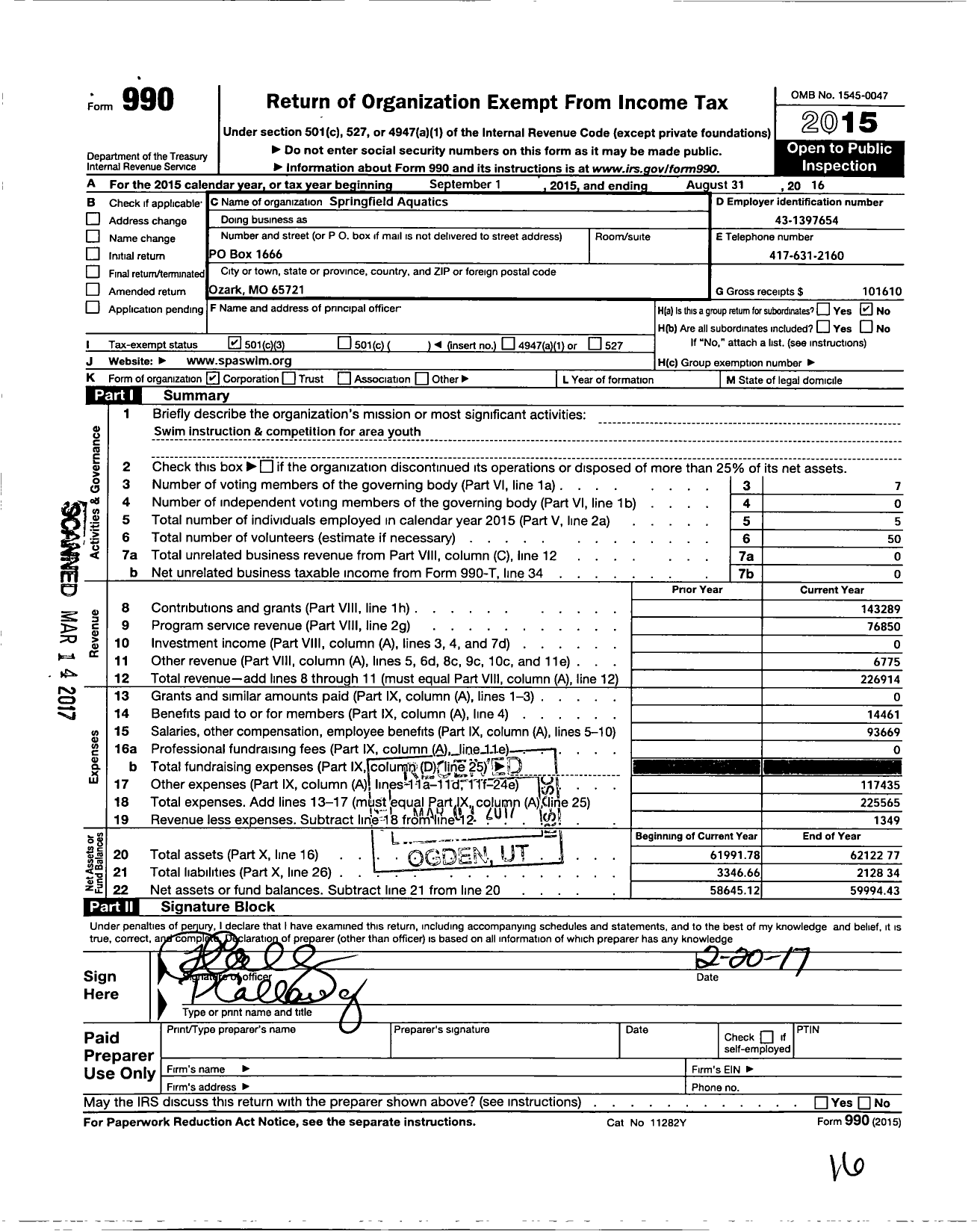 Image of first page of 2015 Form 990 for Springfield Aquatics