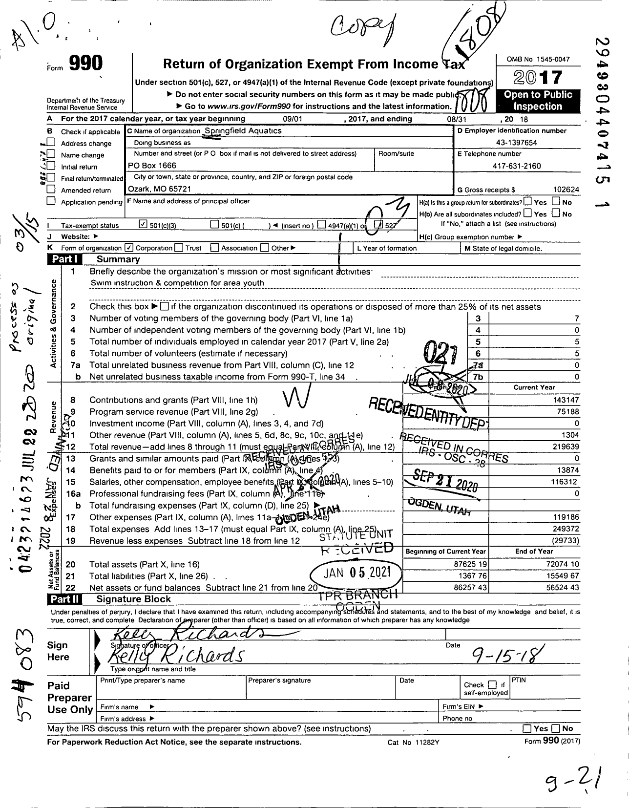 Image of first page of 2017 Form 990 for Springfield Aquatics