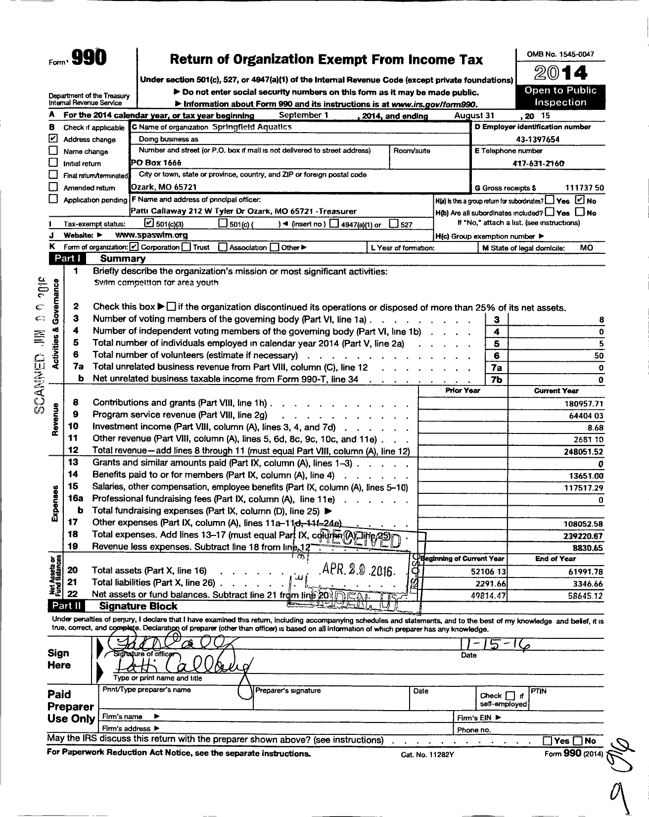 Image of first page of 2014 Form 990 for Springfield Aquatics