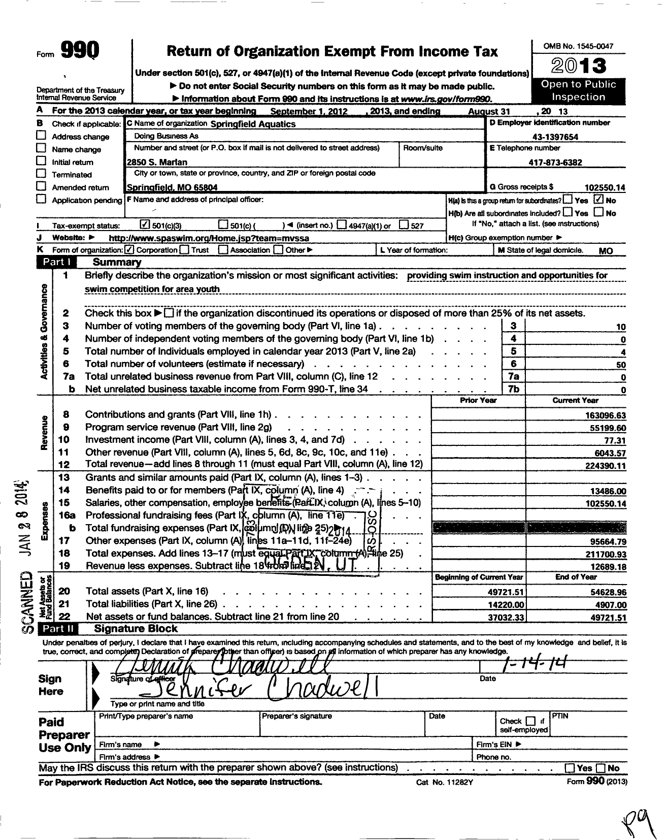 Image of first page of 2012 Form 990 for Springfield Aquatics