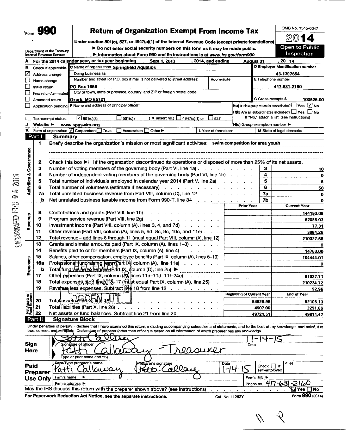 Image of first page of 2013 Form 990 for Springfield Aquatics