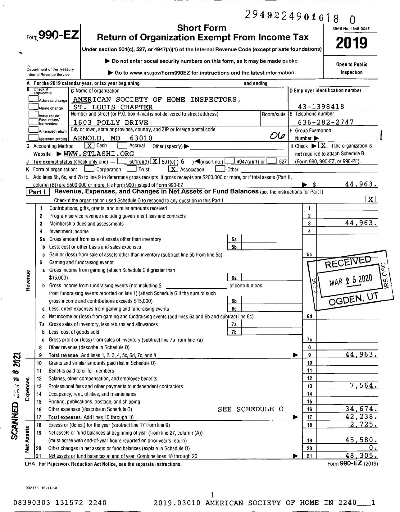 Image of first page of 2019 Form 990EO for American Society of Home Inspectors St Louis Chapter