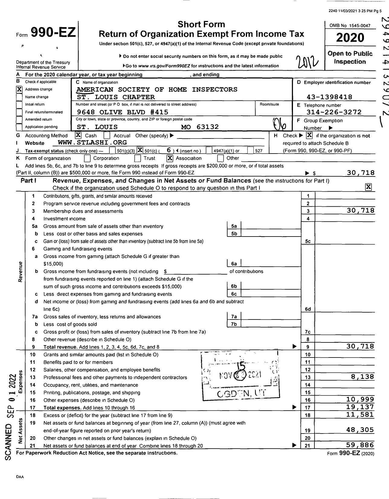 Image of first page of 2020 Form 990EO for American Society of Home Inspectors St Louis Chapter