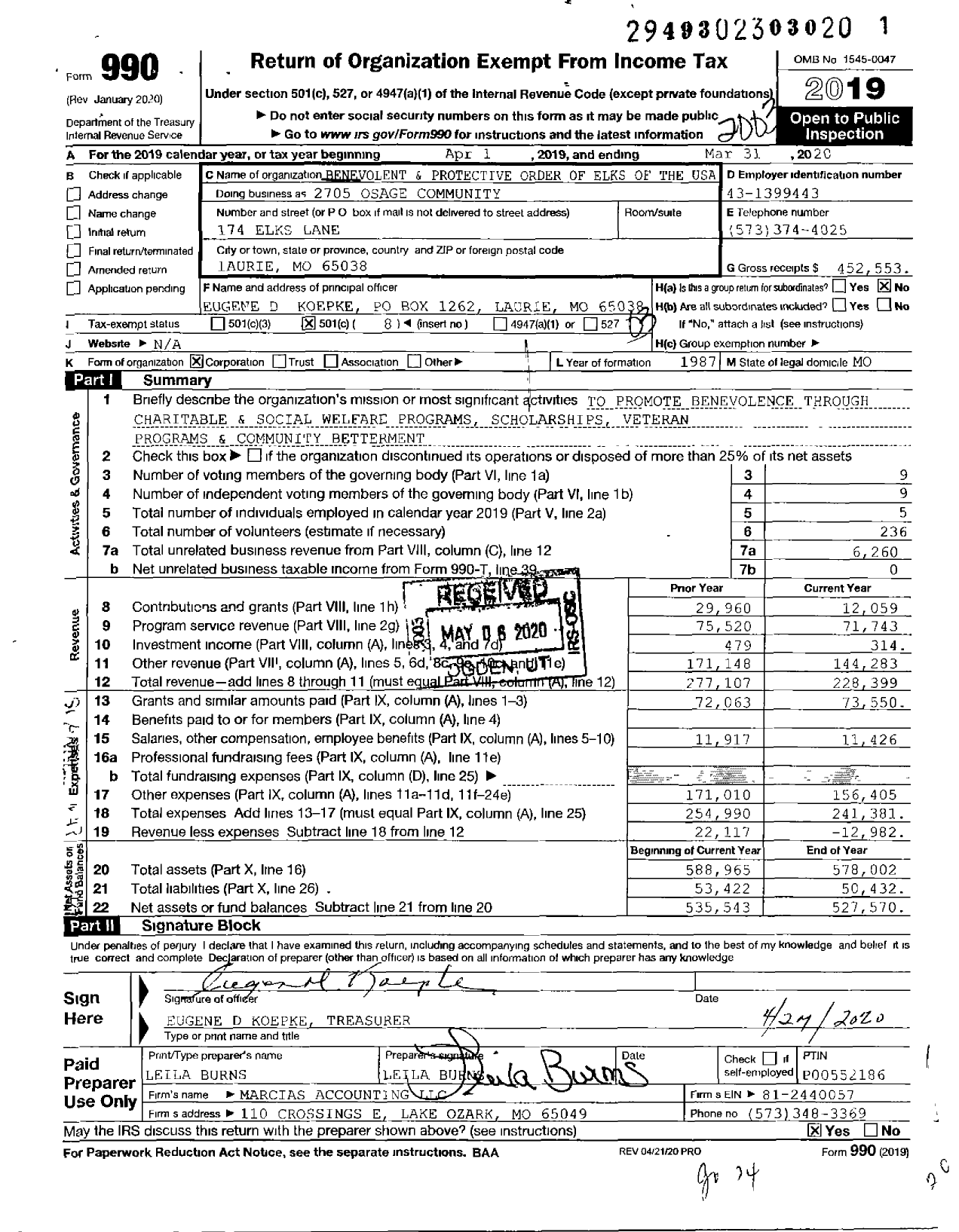 Image of first page of 2019 Form 990 for Benevolent and Protective Order of Elks - 2705 Osage Community