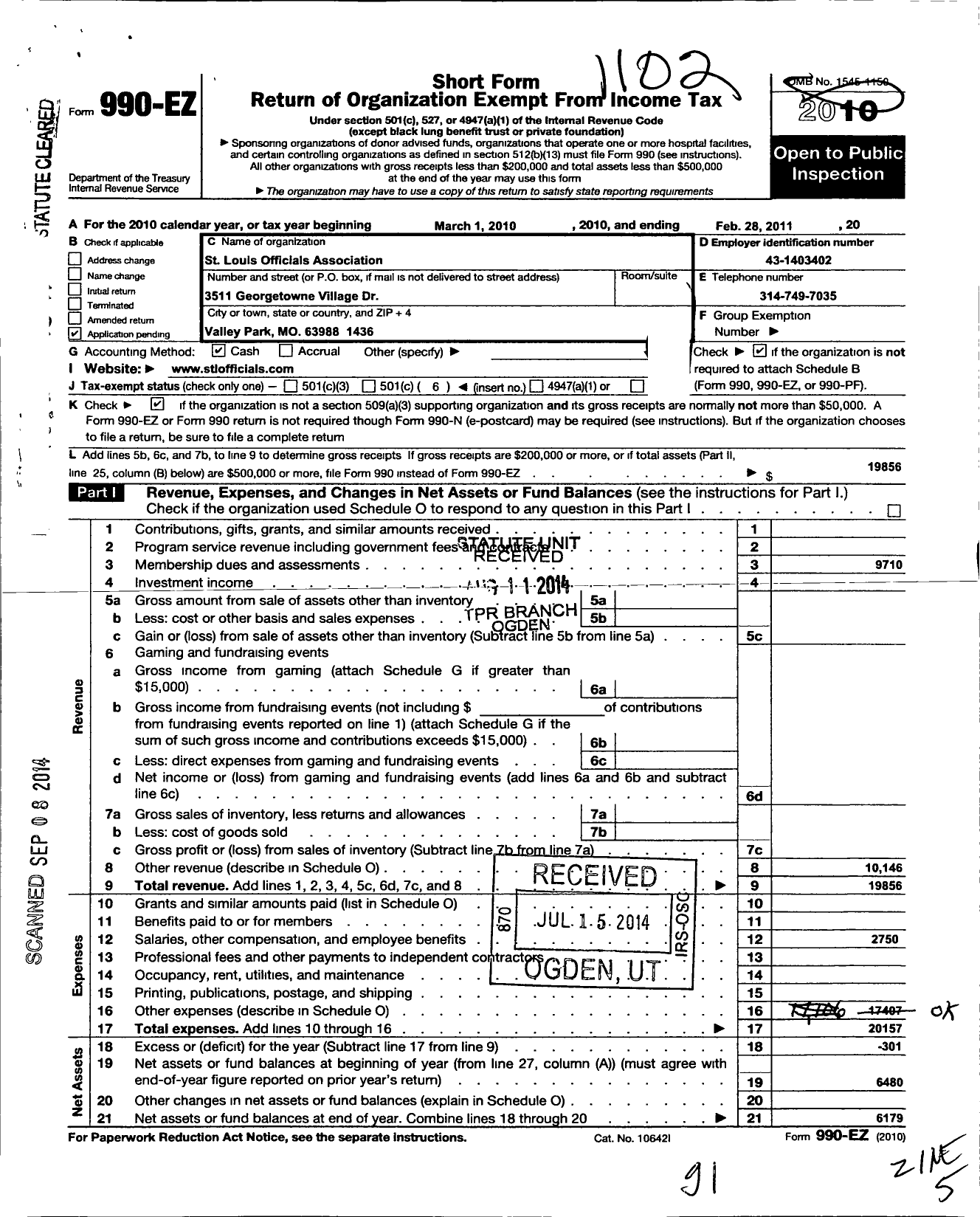 Image of first page of 2010 Form 990EO for St Louis Officials Association