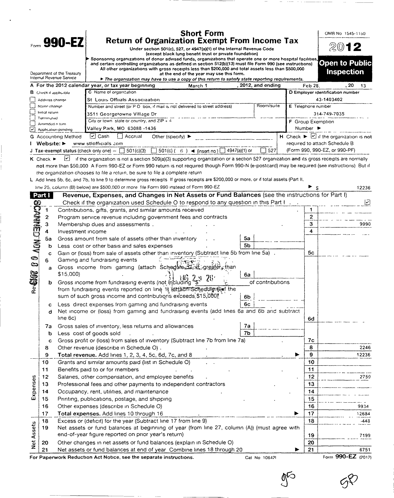 Image of first page of 2012 Form 990EO for St Louis Officials Association
