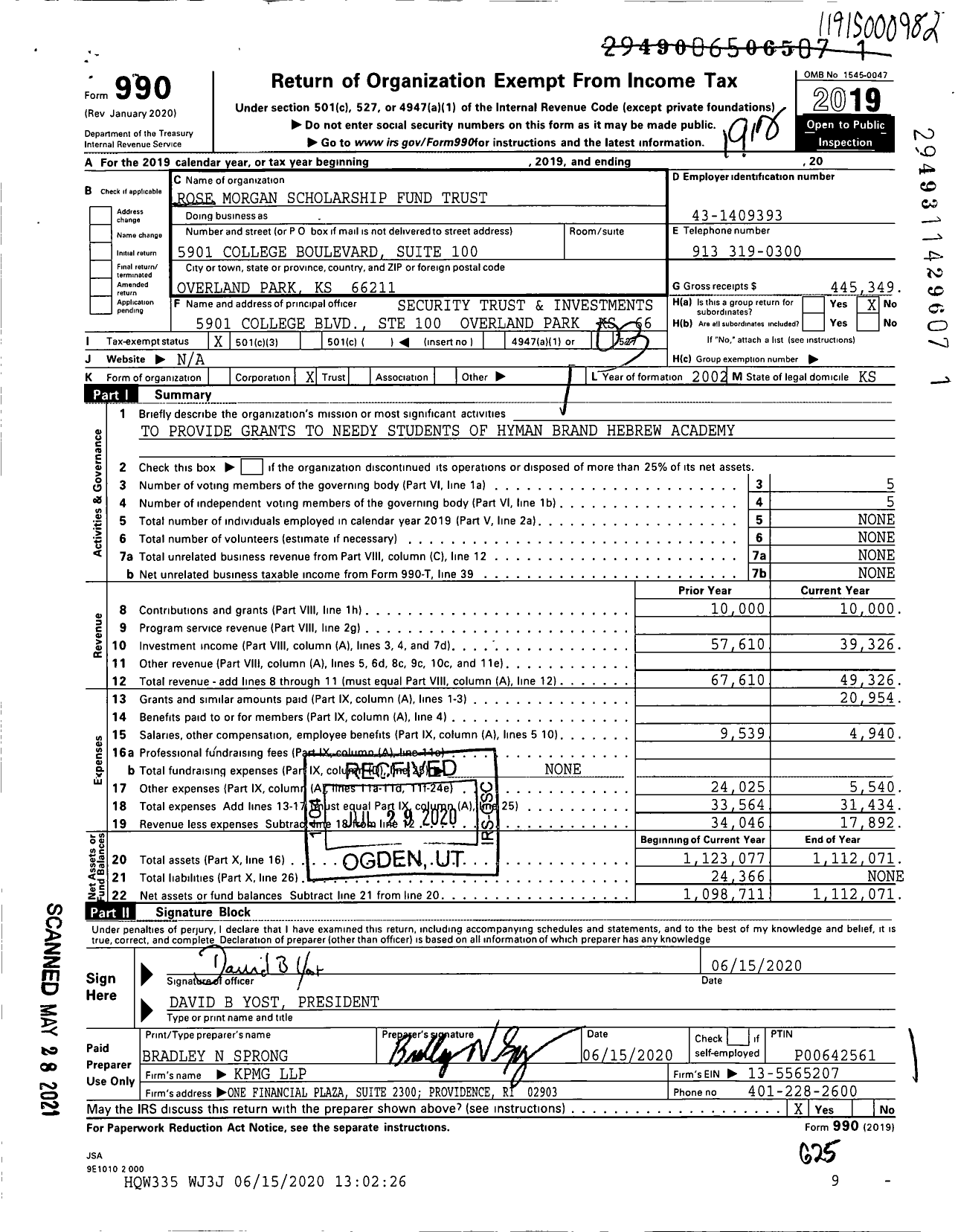 Image of first page of 2019 Form 990 for Rose Morgan Scholarship Fund Trust