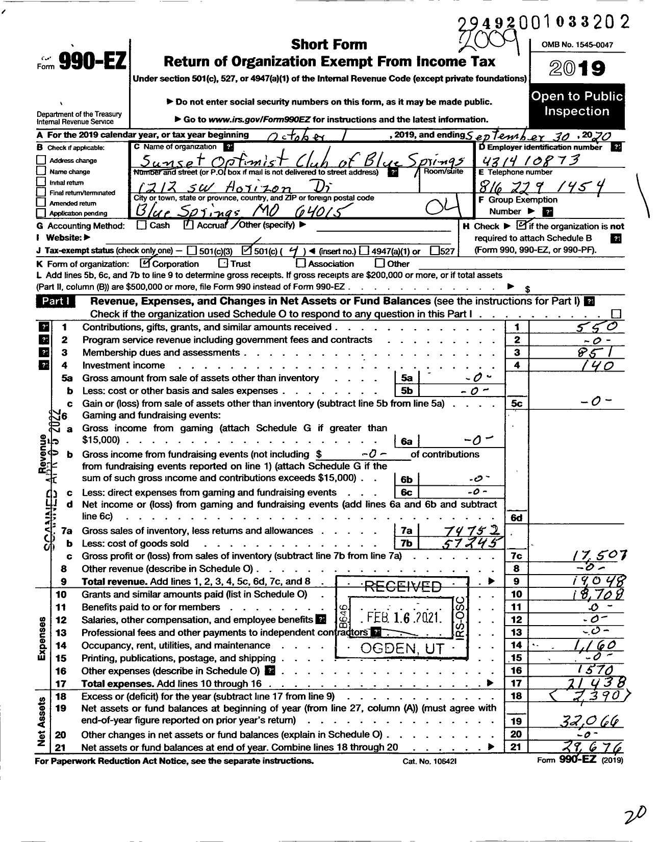 Image of first page of 2019 Form 990EO for Optimist INTERNATIONAL - 36028 Oc of Blue Springs-Sunset Mo