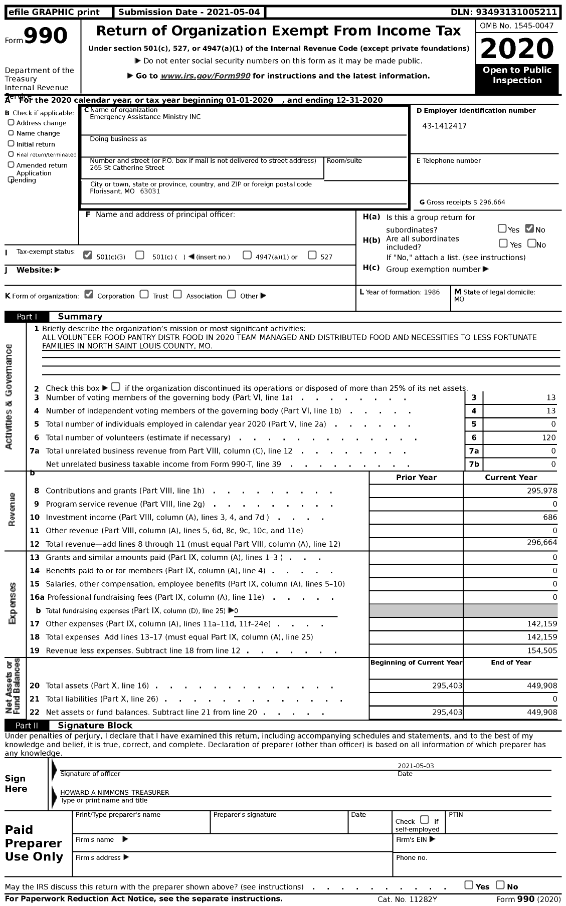 Image of first page of 2020 Form 990 for Emergency Assistance Ministry