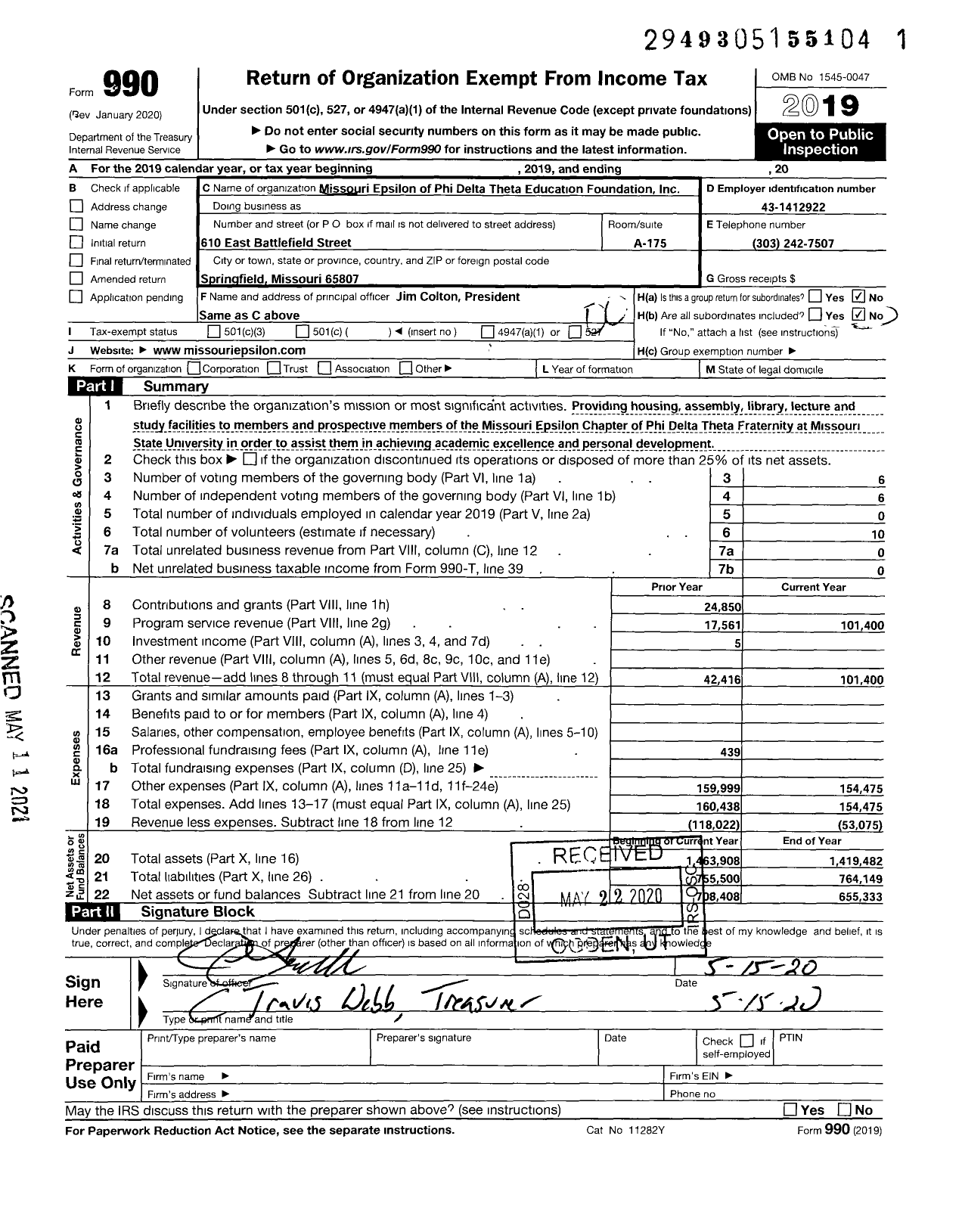 Image of first page of 2019 Form 990O for Missouri Epislon of Phi Delta Theta Educational Foundation