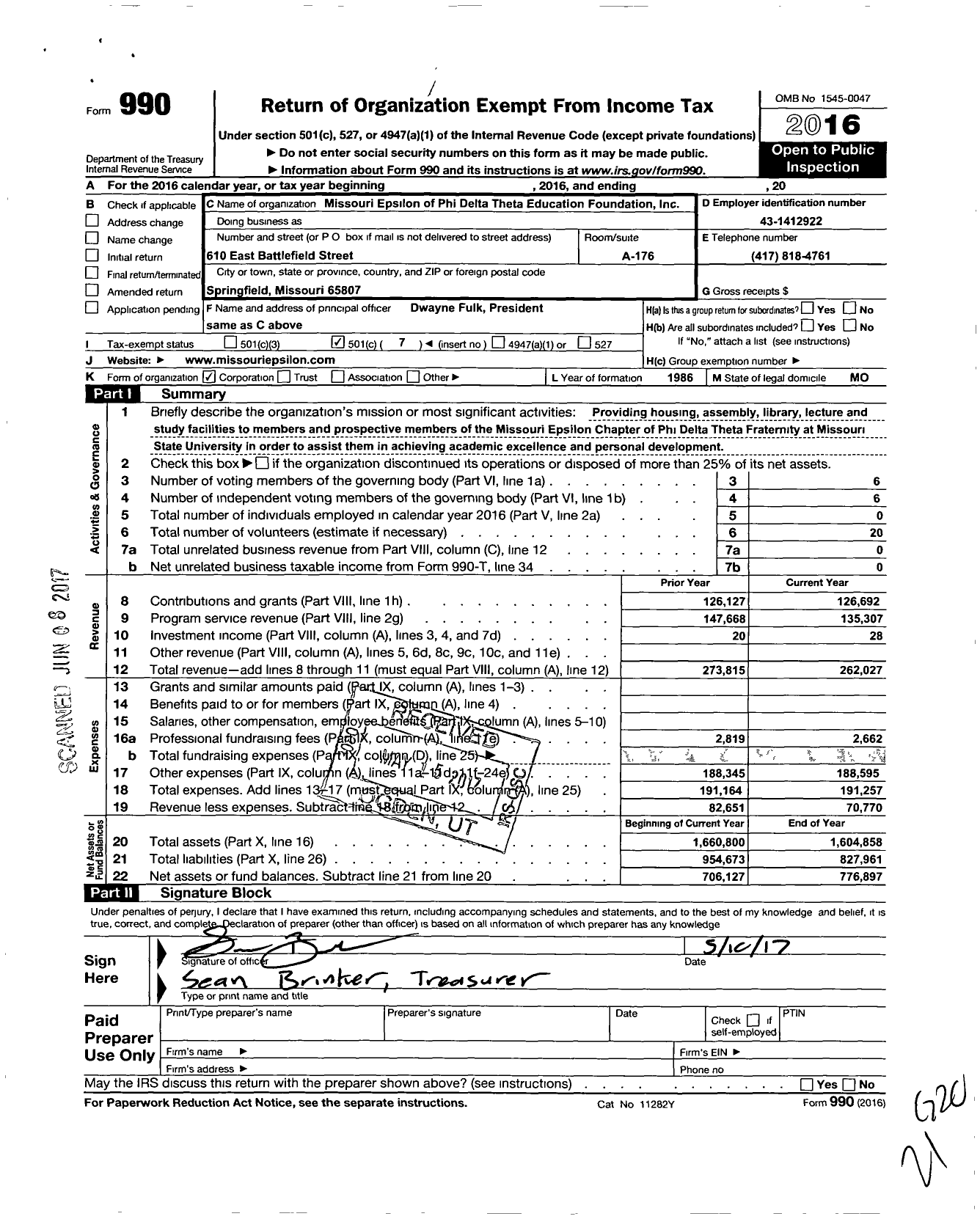 Image of first page of 2016 Form 990O for Missouri Epislon of Phi Delta Theta Educational Foundation