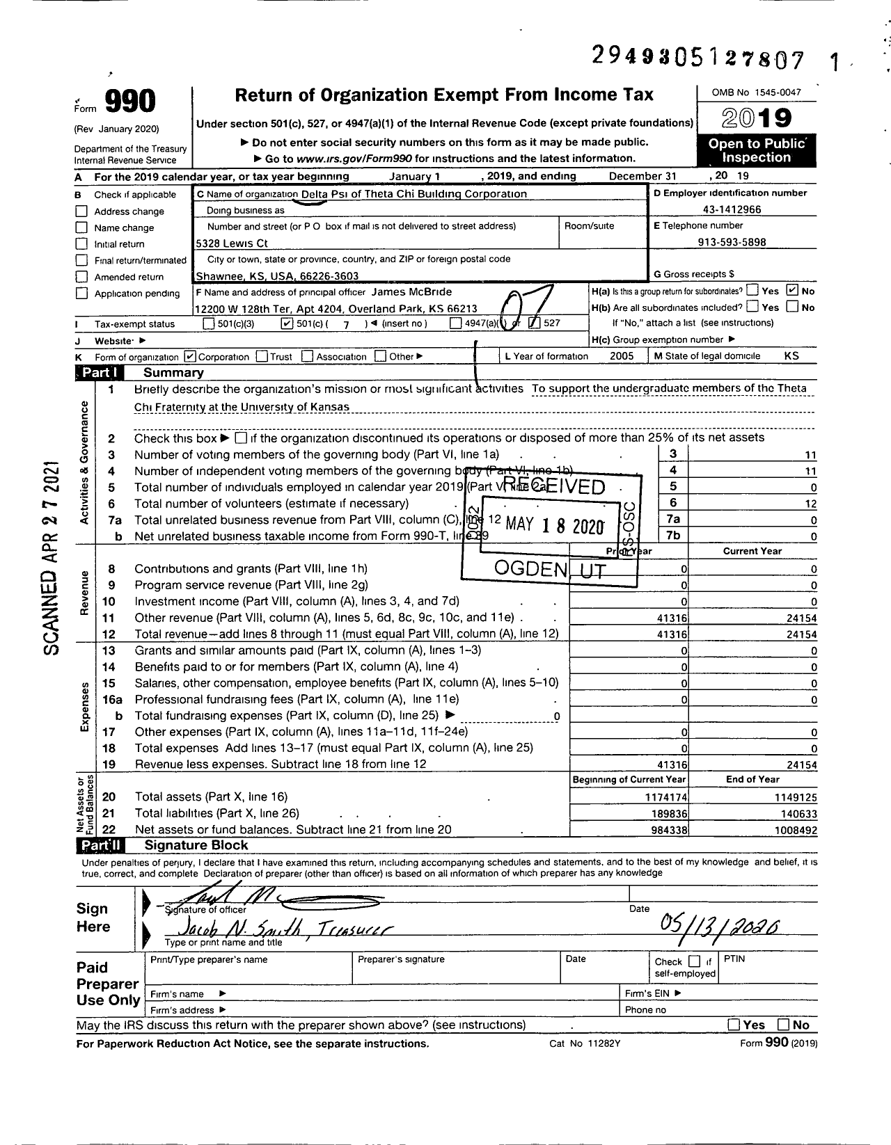 Image of first page of 2019 Form 990O for Delta Psi of Theta Chi