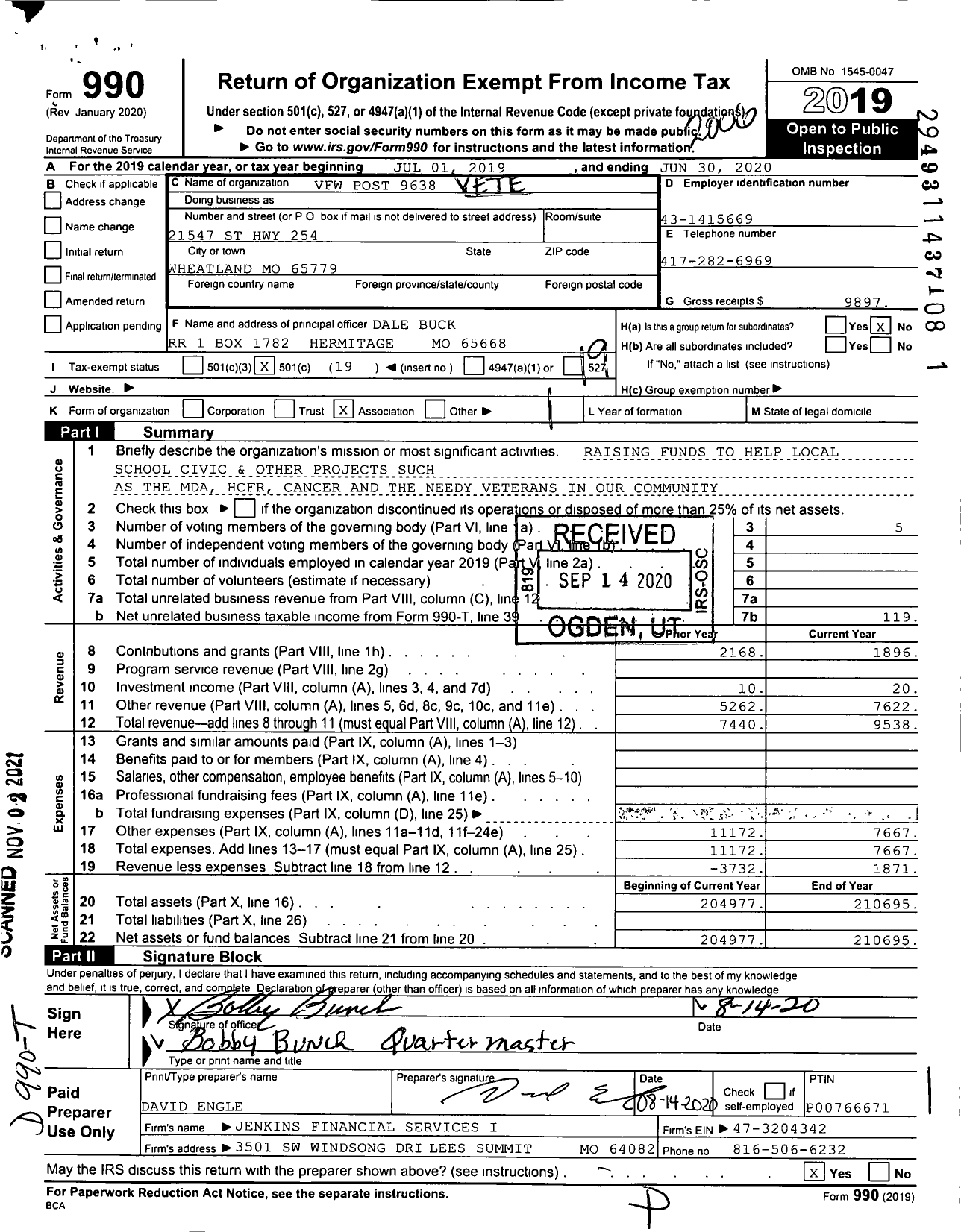 Image of first page of 2019 Form 990O for VFW Missouri - 9638 VFW Post