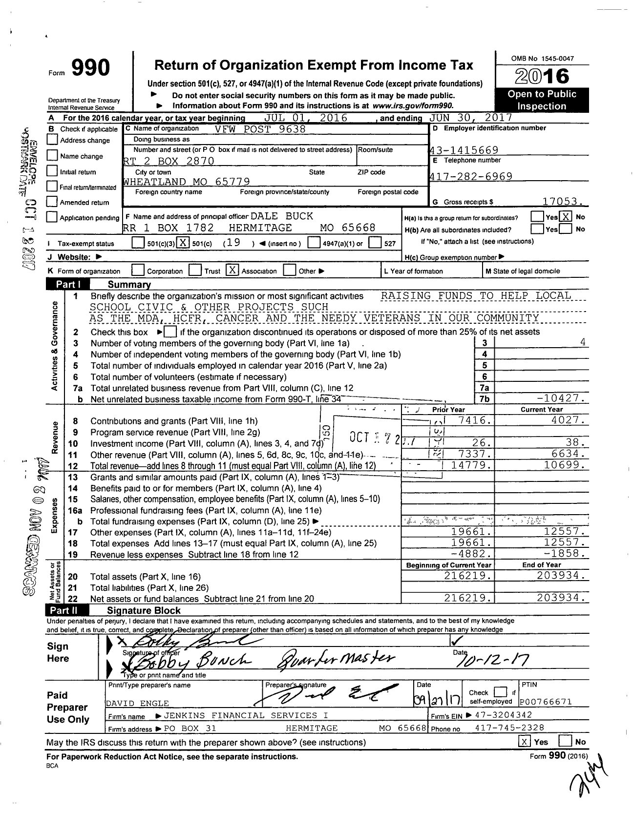 Image of first page of 2016 Form 990O for VFW Missouri - 9638 VFW Post