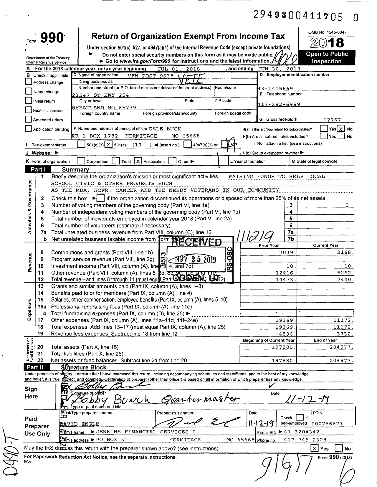 Image of first page of 2018 Form 990O for VFW Missouri - 9638 VFW Post