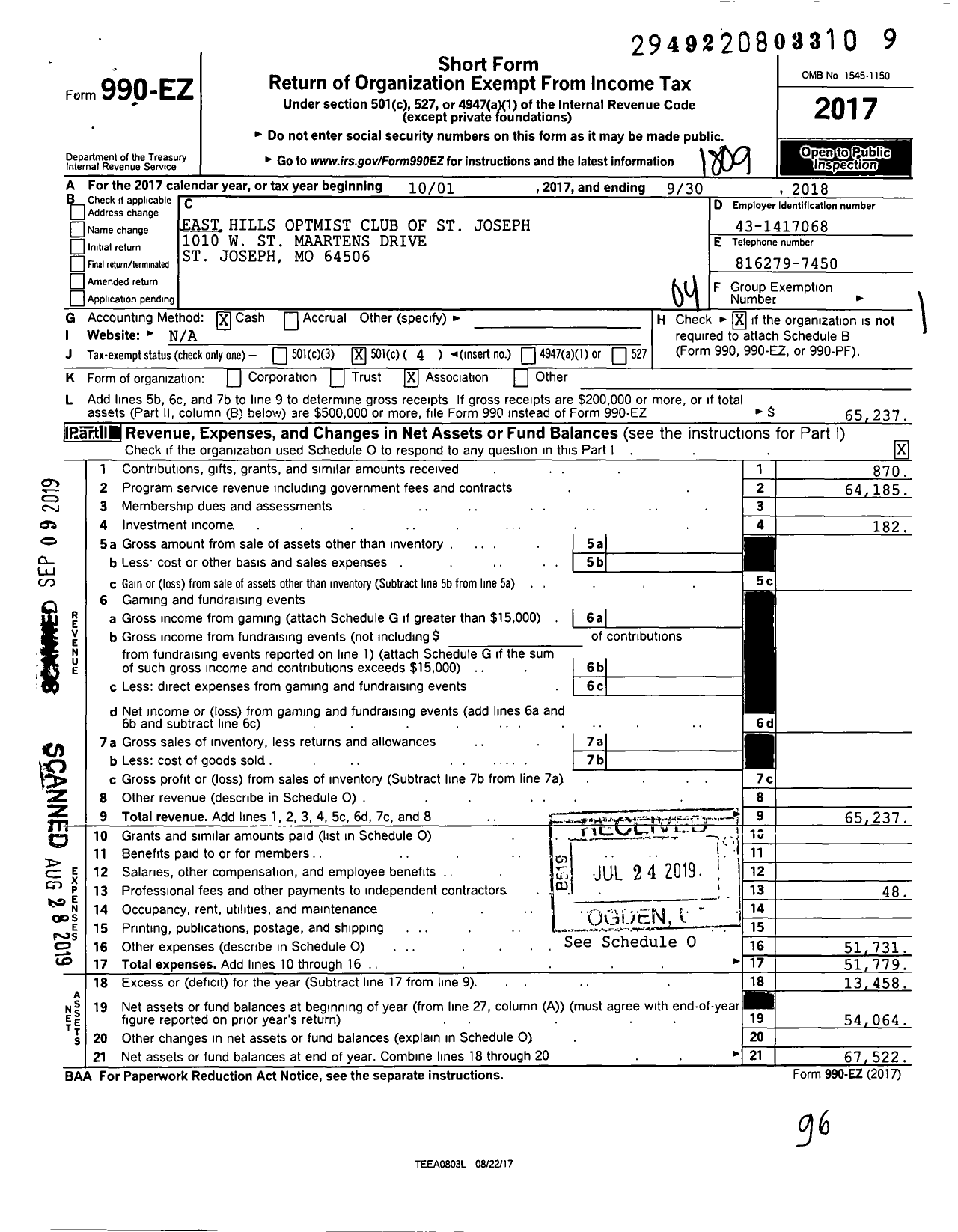 Image of first page of 2017 Form 990EO for Optimist International - 36145 E Hills Oc St Joseph Inc Mo