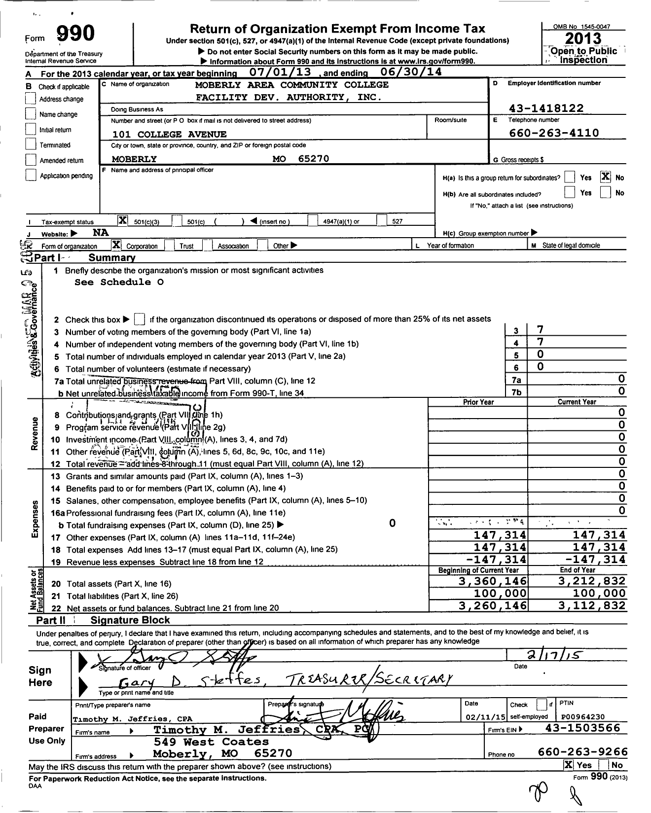 Image of first page of 2013 Form 990 for Moberly Area Community College Facility Dev Authority